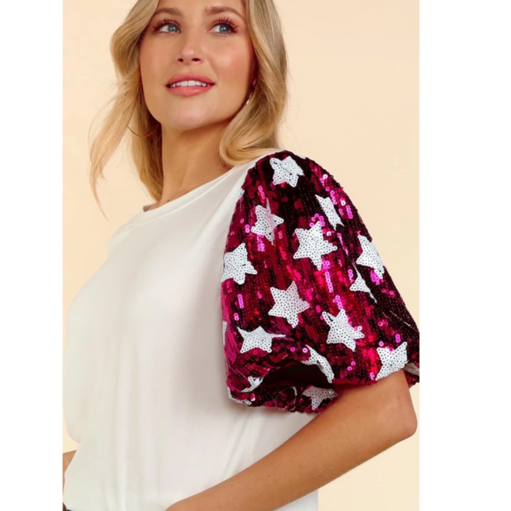 Haptics White & Magenta Star Sequin Puff Sleeve top. Cute and festive.